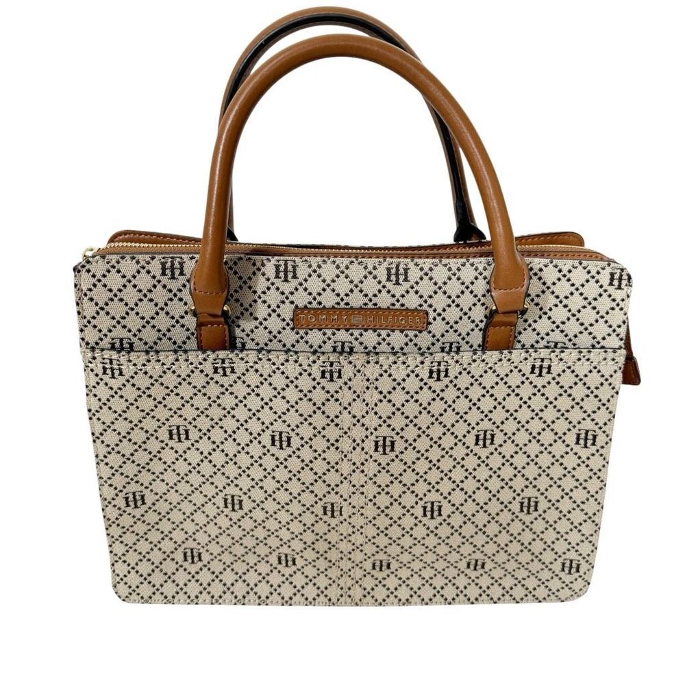 Tommy Hilfiger Monogram Canvas Jacquard Quiet Luxury Tote Satchel Handbag Purse